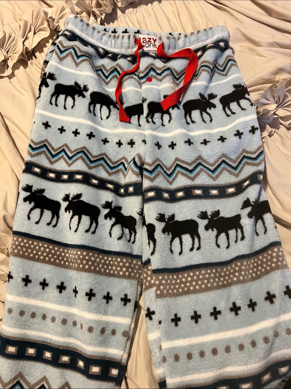 Lazy One Fleece Light Blue Moose Print Pajama Pants with Red Drawstring